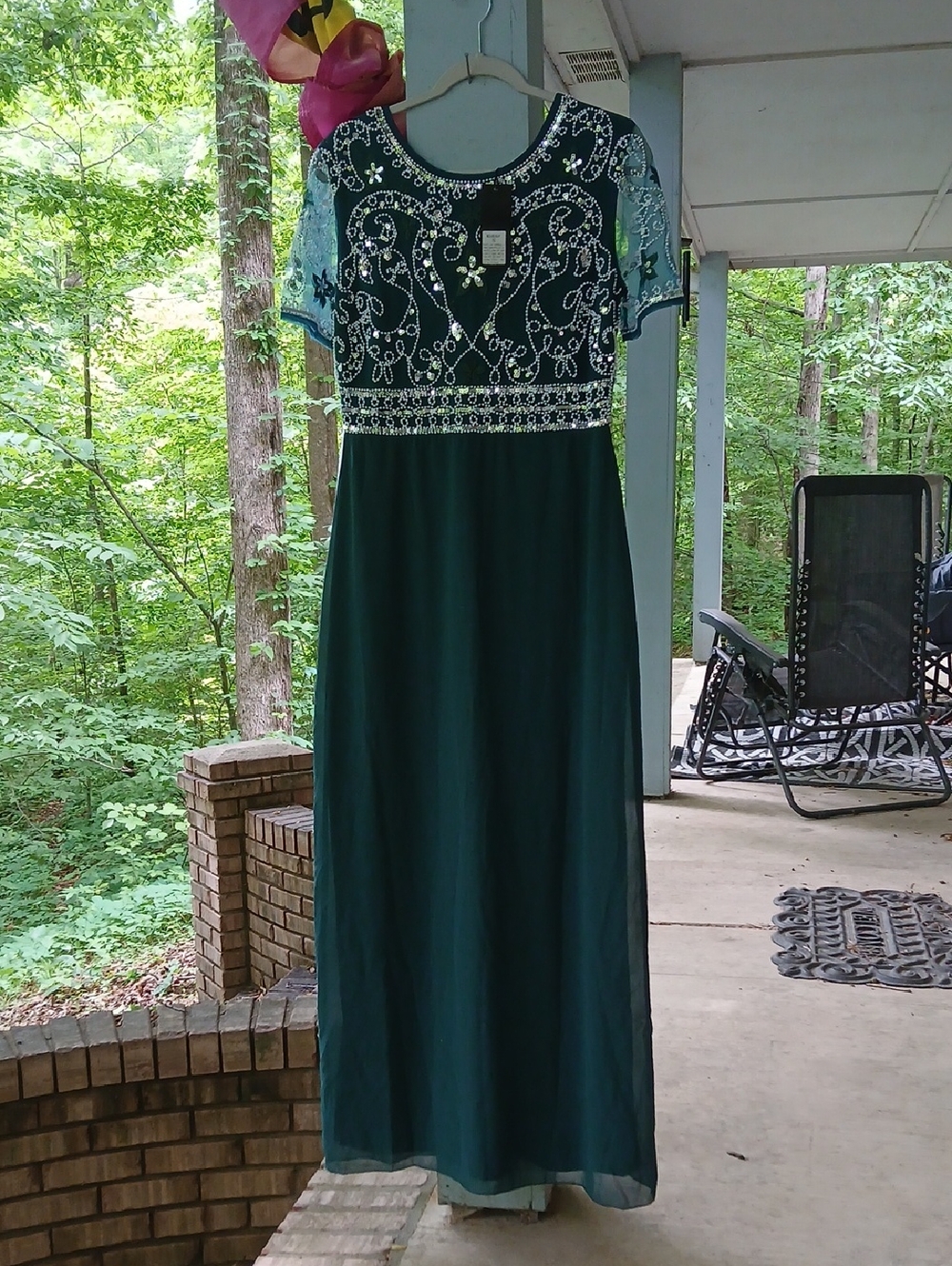 Embellished Dark Green Maxi Dress with Short Lace Sleeves, Sz.S